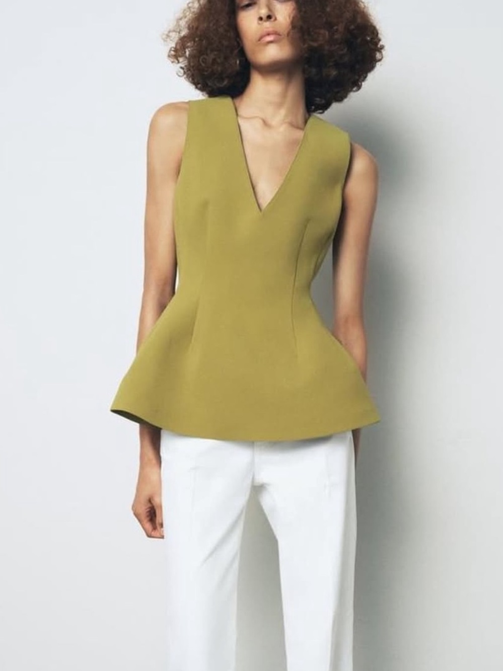 Zara Olive Peplum V-Neck Sleeveless Top